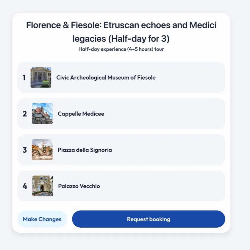Example custom tour: Florence & Fiesole with stops at Civic Archeological Museum, Cappelle Medicee, Piazza della Signoria, and Palazzo Vecchio